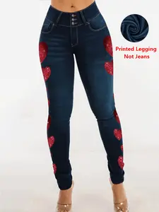 Women's Faux Denim Tight Pants, Blue Jeans Print Heart Pattern, Valentine's Day Bottoms, Casual Fit, All Seasons Wear, Womenswear