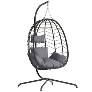 Summervibes LHBcraft Comfortable & Chic Indoor/Outdoor Swing Egg Chair with Stand | UV-Resistant Wicker Hanging Egg Chair with Soft Cushion | 350LBS Capacity for Patio, Backyard & Balcony,