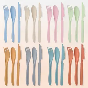 [HUOMAQFAN] 8-Person Reusable Wheat Straw Cutlery Set, Knives-Spoons-Forks Flatware, Portable Utensils for Camping, Daily Use