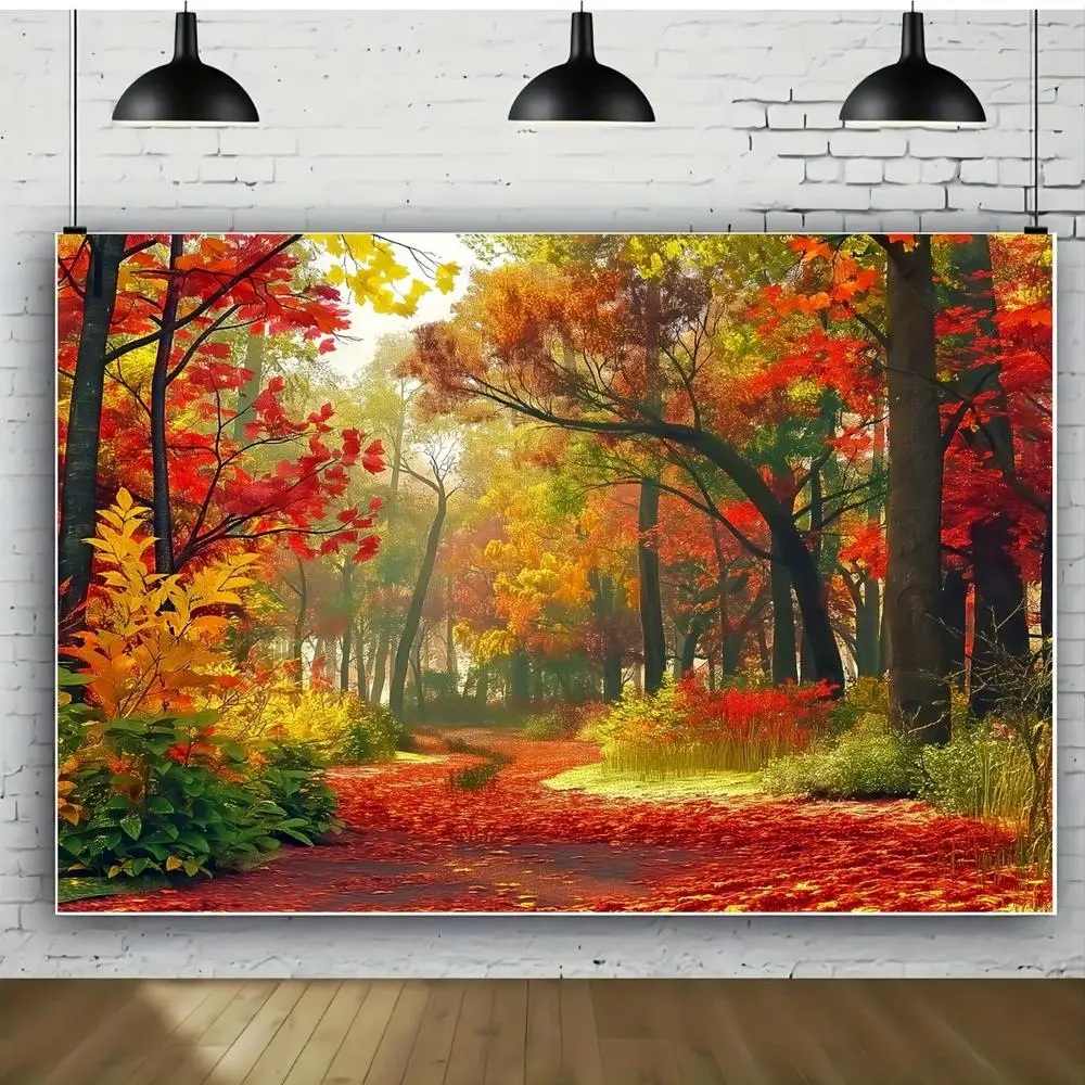 Durable 2D Flat Polyester Photo Backdrop Banner, Realistic Autumn Golden-Yellow & Red-Orange Forest Scene, Soft Comfortable Texture, Multi-Size Options, Hangable for Weddings, Anniversary, All Seasons Use