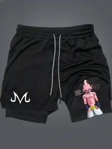 Majin Buu Menswear 80s 90s Oversized 2 in 1 SingletMuscle Athleisure Street Shorts Summer Simple LetterBlack Polyester Fabric ElasticWaistband Drawcord Tropical CasualBreathable Quick-Drying AnimeGraphic Gifts