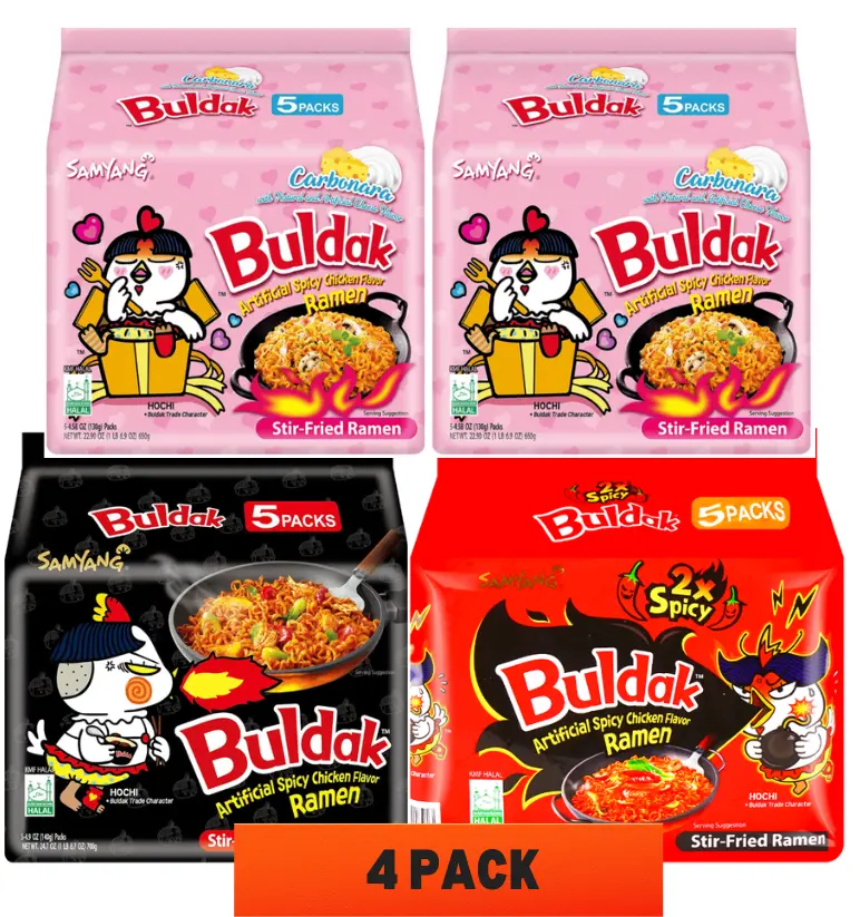 Samyang Korean Buldak Instant Ramen Noodles - Classic 3-Flavor Assortment (Original Buldak Noodles, 2x Spicy, Cream Carbonara), 4 Bags, 5 Total Packs, Pantry Food for Quick Meals, Holiday Gatherings, Buldak Ramen Noodles