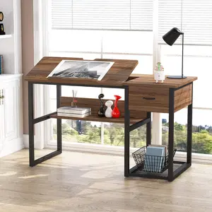 LITTLE TREE Drafting Table with Storage Drawers, Drawing Computer Desk Artist Craft Table Painting Desk Workstation with Shelves and Tiltable Tabletop for Students, Home Office