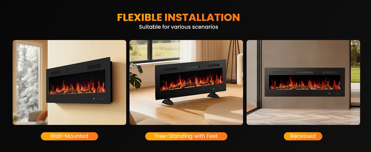 Sweetcrispy Electric Fireplace Insert, 1500W Wall Mounted & Recessed Fireplace, Freestanding Fireplace Heater with Remote & Touch Panel Control, Adjustable Flame Effect, 12H Timer for Indoor use