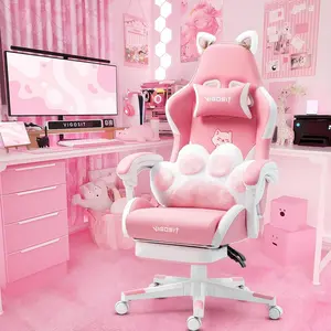 360° SwivelCat Ears Pink Gaming Chair -  PU Leather Ergonomic Reclining Office Chair with Footrest, 310lb Capacity, 6-Position Recline, (Pink/Blue)