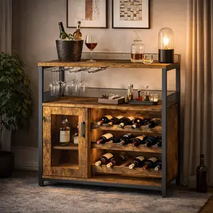 Wine Bar Cabinet, 3-Tier Liquor Storage Cabinet with Removable Wine Rack & Glass Holder, 36 Inch Tall Sideboard Buffet with Mesh Door Adjustable Shelf, Metal Frame Waterproof, Adjustable Feet,