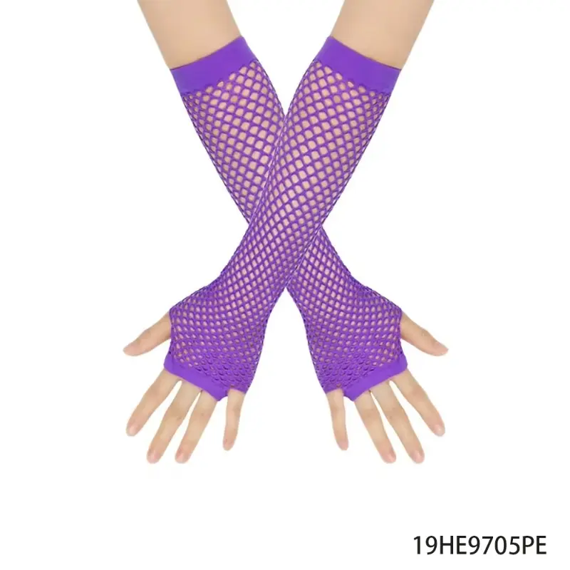 Purple Long Fishnet Gloves, Punk Half-Finger Mesh Arm Warmers