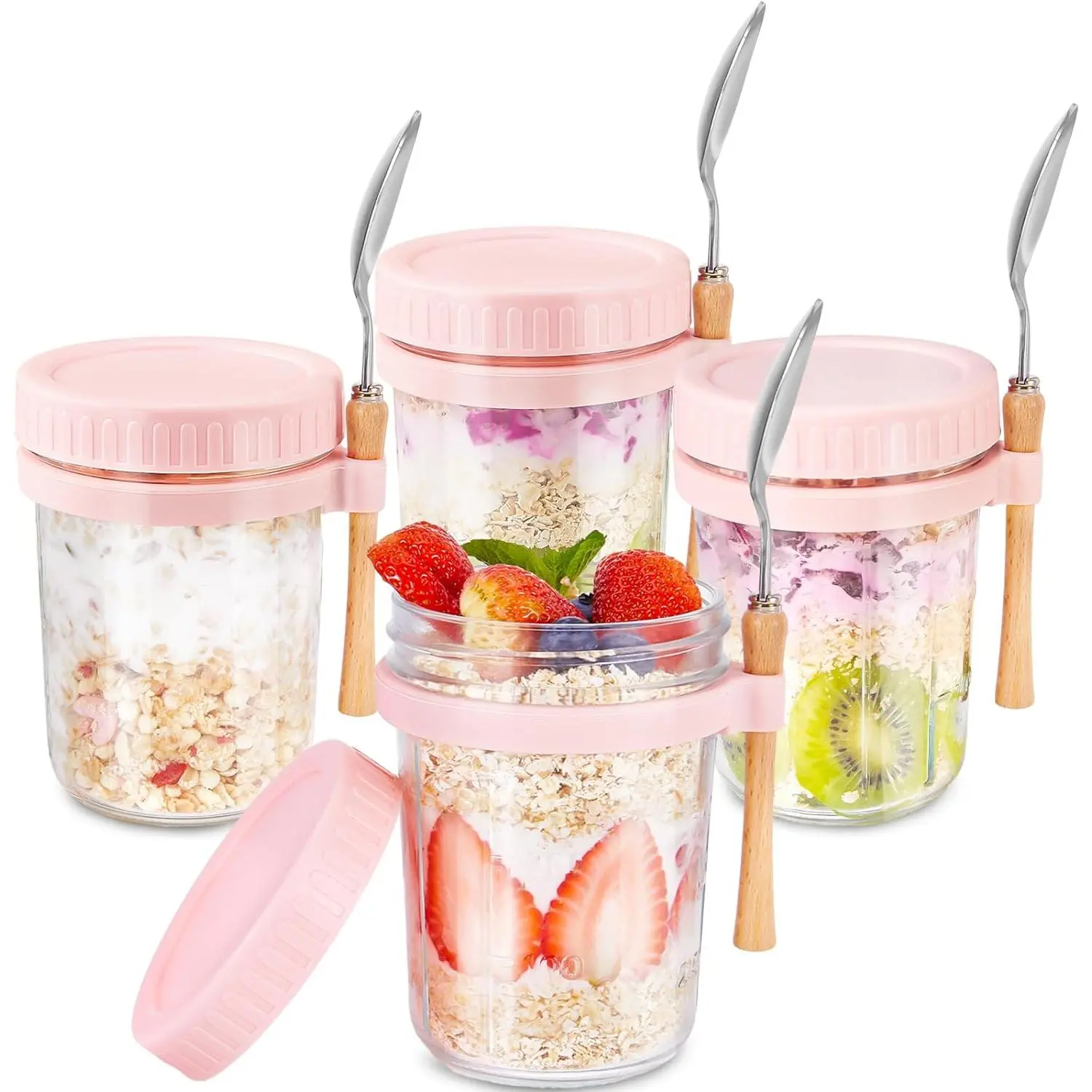 16oz Wide Mouth Glass Kitchen Canister Overnight Oats Containers with Lids, Spoon & Measurement Marks - Pink 4-Pack for Cereal, Yogurt, Multi Color - 4 Pack