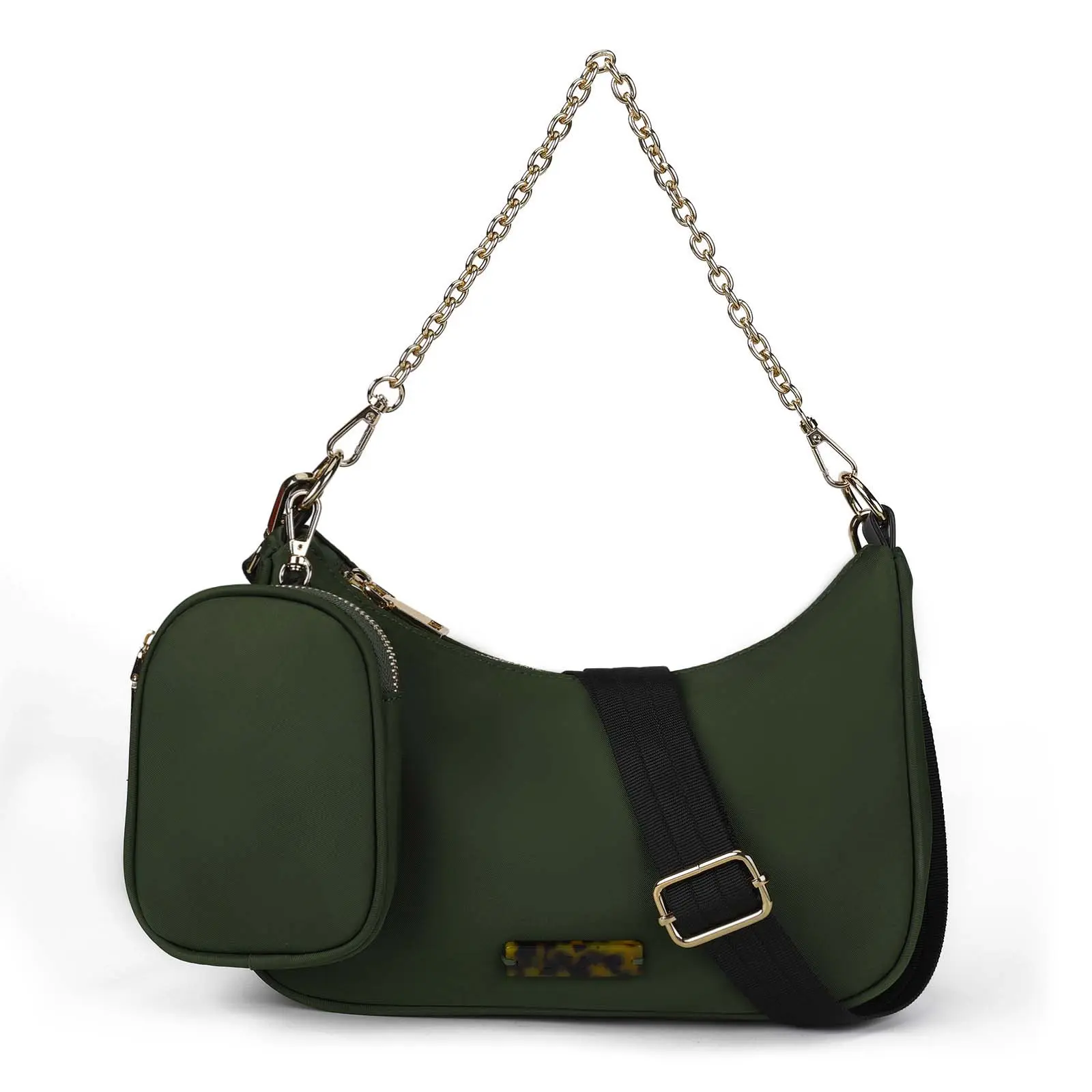 Women's Nylon Crescent Crossbody Bag - Small Hobo Shoulder Bag with Detachable Pouch, Chain, Adjustable Strap, Nylon Fabric, Plain Design for Casual Wear, Crescent Shape
