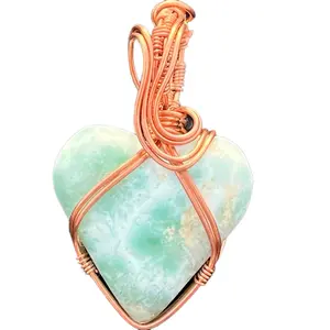 Natural Larimar Heart Wire Wrap Pendant-With Cord- Spiritual Jewelry for Unisex