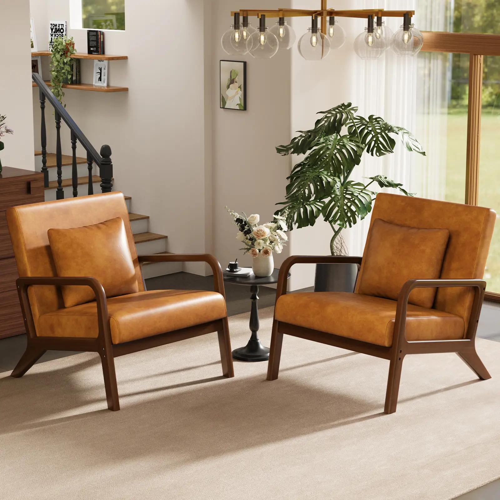 [Set of 2] ABCASA Mid-Century Accent Chairs, Upholstered Armchairs with Lumbar Pillows & Cushions, Solid Wood Frame for Living Room, Bedroom, Office, Lounge, Faux Leather & Linen Ergonomical Seat