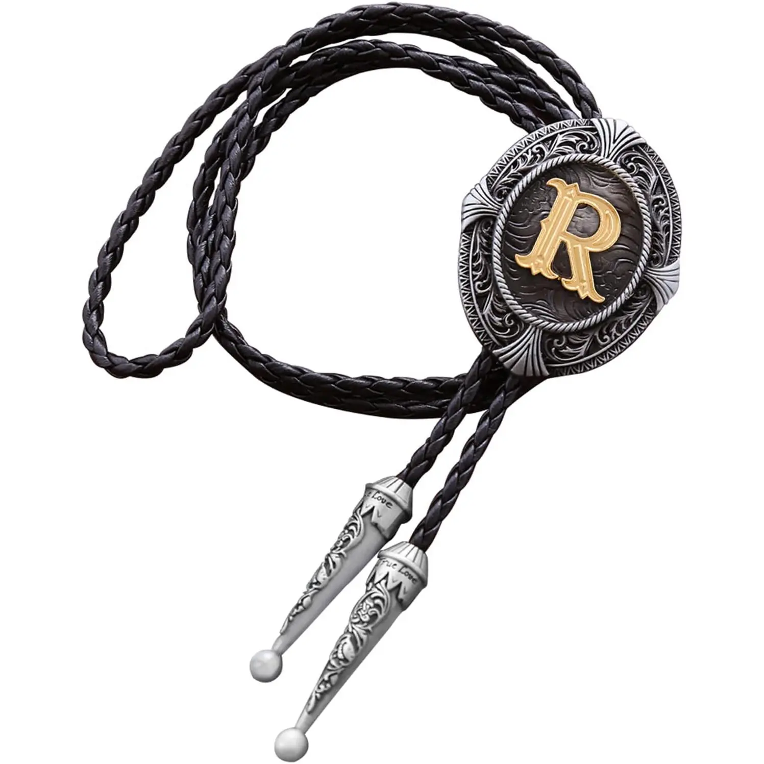 Native American Western Cowboy Alphabet Golden Initial A-Z Leather Bola Tie with Tie Design for Men, Women, Unisex