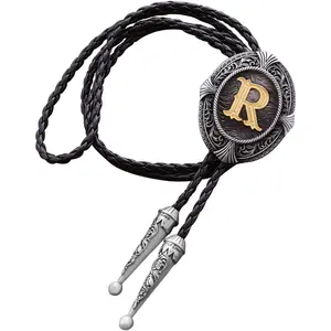 Native American Western Cowboy Alphabet Golden Initial Letter A to Z Leather Necktie Bola Tie for Men Women