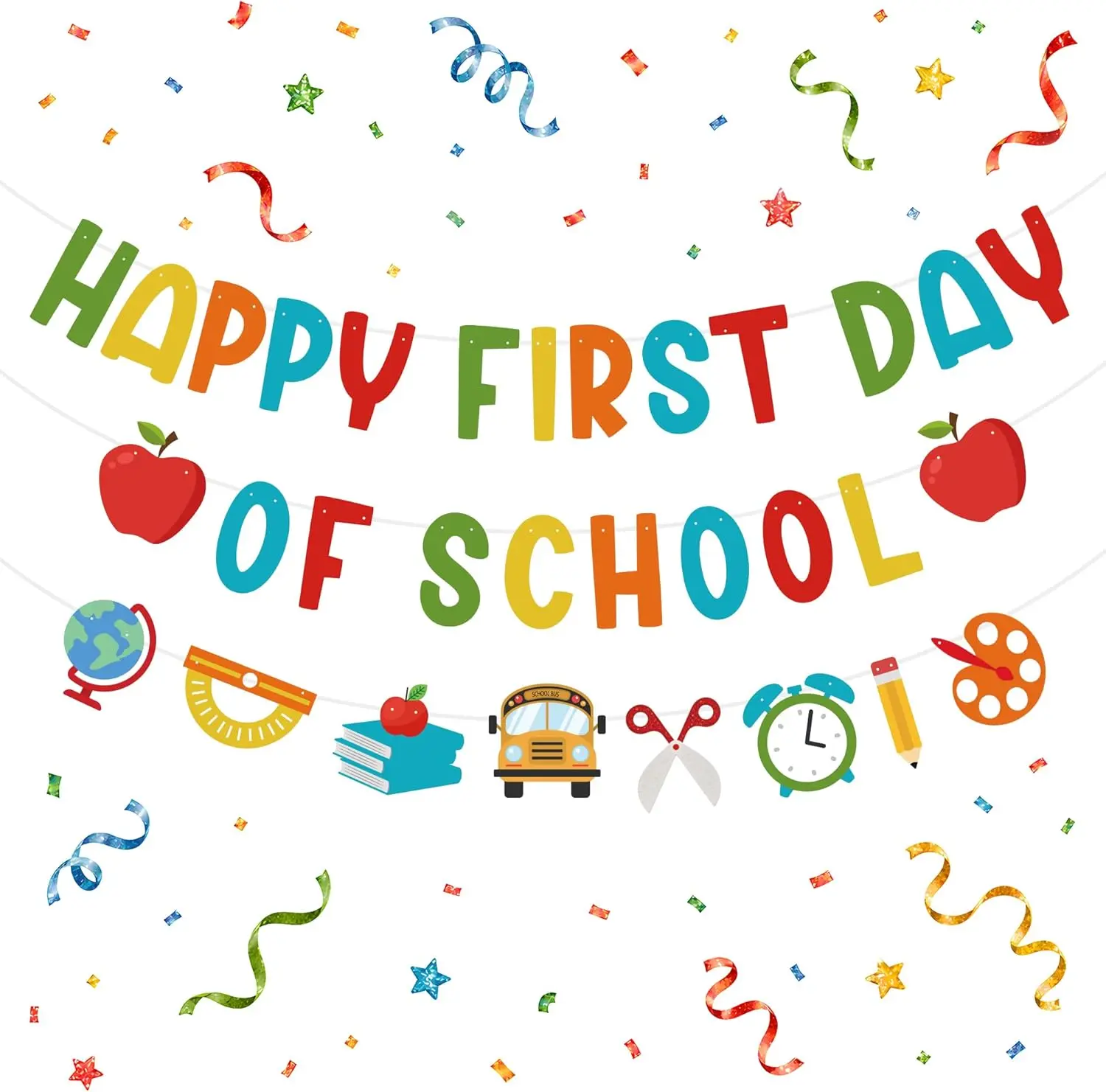 Back to School Decorations – Happy First Day of School Banner, Hanging Garland Decor for Classroom, Indoor & Outdoor Party Supplies