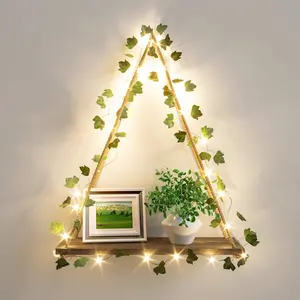 RICHER HOUSE Artificial Ivy LED-Strip Wall Hanging Shelves, Macrame Shelf for Bedroom Bathroom Living Room Kitchen, Wood Hanging Plant Shelves for Wall Décor