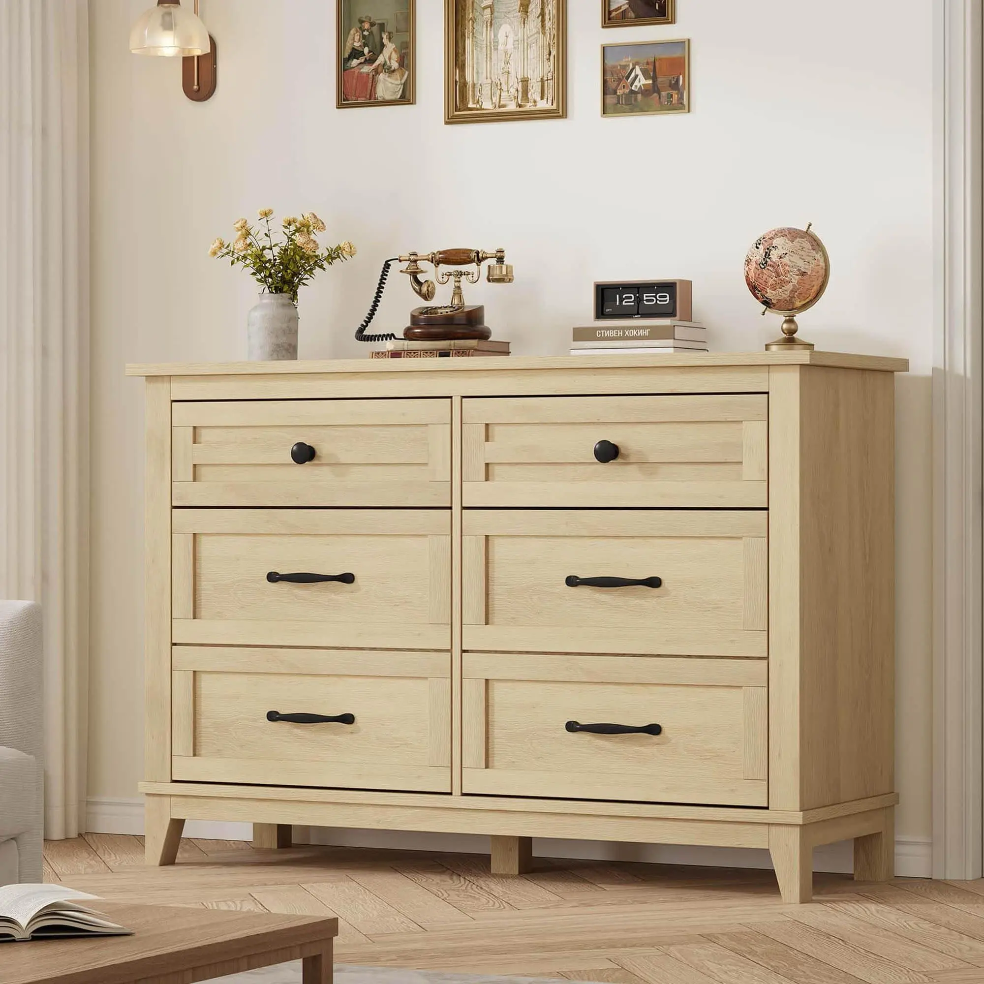 Rustic 6-Drawer Wood Dresser - 47-in Wide Freestanding MDF Wood Drawer Cabinet with Robotic Vac Slot, 47.2 in l x 15.8 in w x 32.1 in h, Easy Assembly, Ideal for Bedroom, Living Room