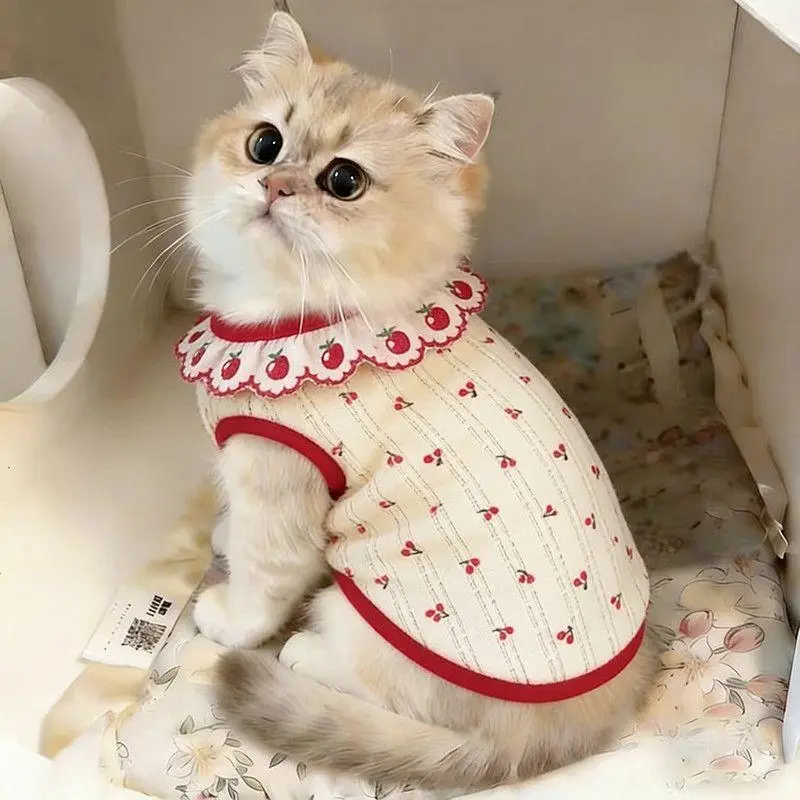 Cute Cat Lace Vest Clothes, Spring Summer Cherry Print Breathable Thin Pet Sleeveless Shirt Outfit for Ragdoll British Shorthair Kitten Kitty