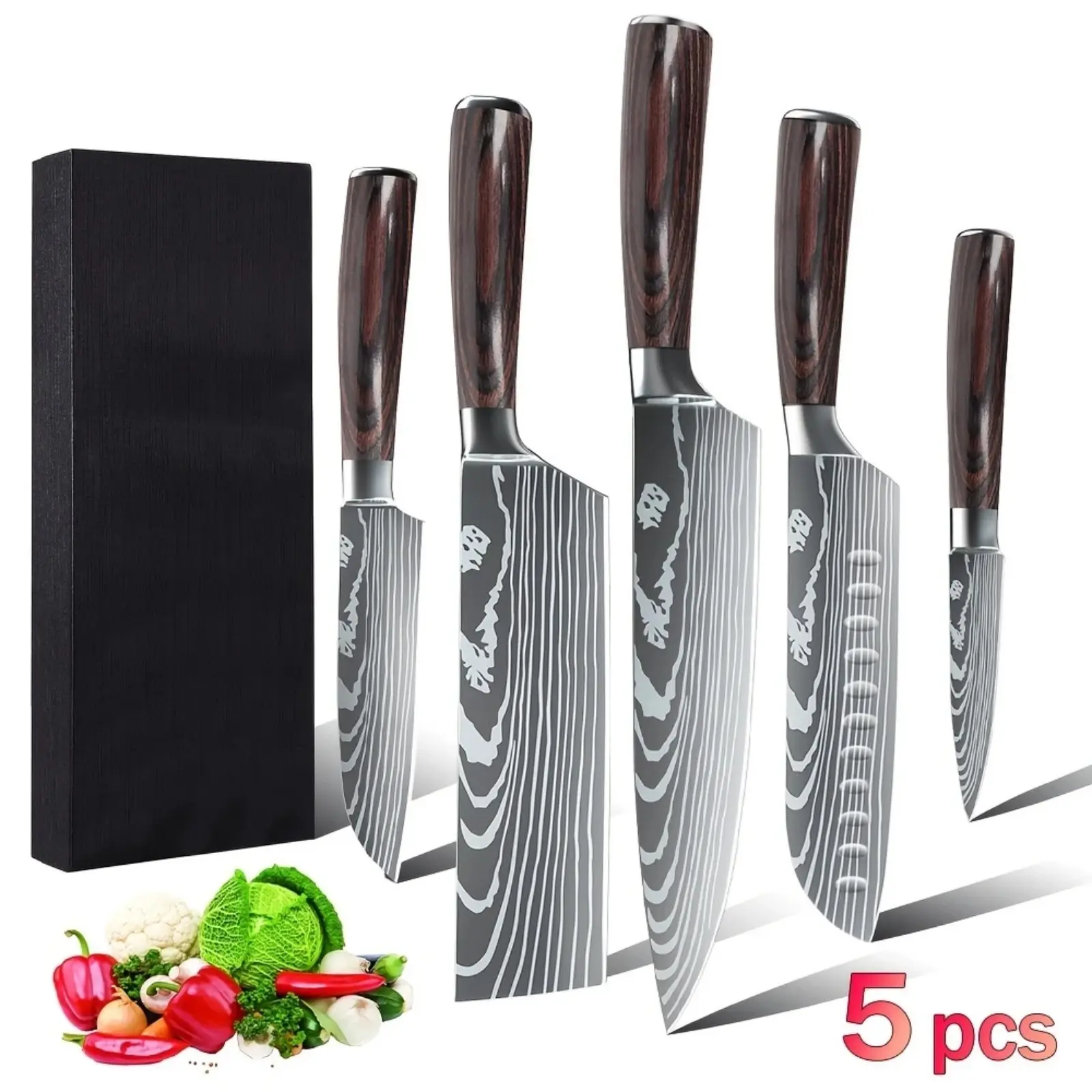 5-Piece Premium Kitchen Knives Set - Thick High Carbon Stainless Steel Japanese-Style Cutlery with Damascus-Pattern Engraved Blades, Ergonomic Wooden-Look Handles, Cooking Knives
