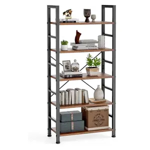 5 Tiers Bookshelf, Classical Modern Book Shelf, Tall Display Shelves in Living Room/Home/Office, Storage Organizer for CDs/Books/Movies, Rustic Brown