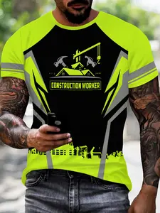 Construction Worker Printed T-Shirt Fitted, Industrial Reflective Short Sleeve, Fashionable Comfort Design, Perfect Daily Wear, Ideal Gift Choice