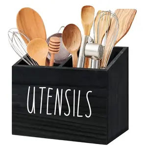 2-Compartment Farmhouse Wooden Kitchen Utensil Holder - Rustic Silverware Utensil Caddy - Kitchen Countertop Organizer And Storage
