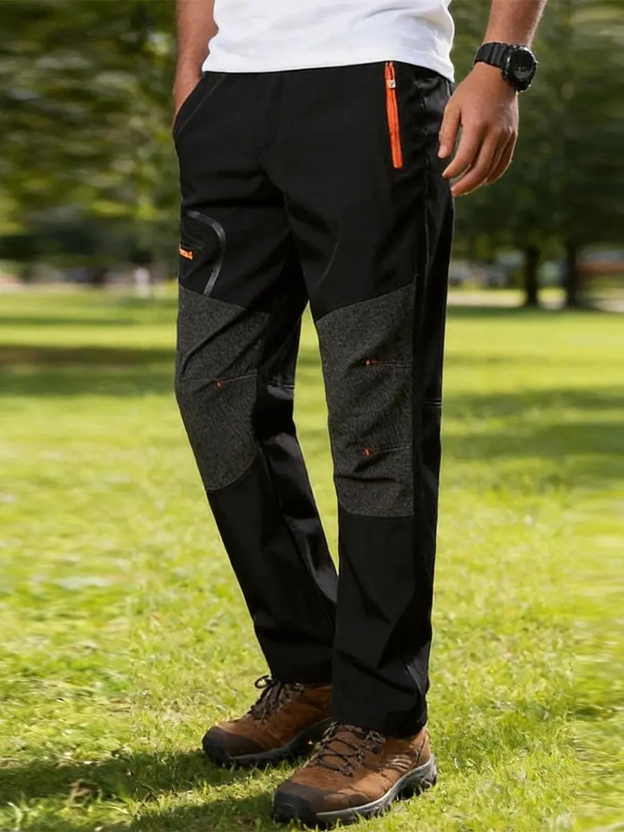 Men's Outdoor Quick Dry Breathable Trekking Pants Reinforced Anti Abrasion Knee Spliced Design, Contrast Zipper Multi Storage Pockets for Hiking, Adventure