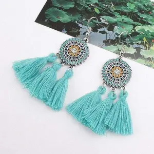Lovely Cotton Thread Pretty Blue Long Tassel Dangle Earrings Ethnic Fashion Jewelry