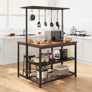 42" Kitchen Island with Storage & Seating, Bakers Rack Microwave Oven Stand with 3-Tier Shelves & 5 Hooks for Kitchen Organization, 42"×28"×72" Indoor Furniture for Dining Room, Living Room