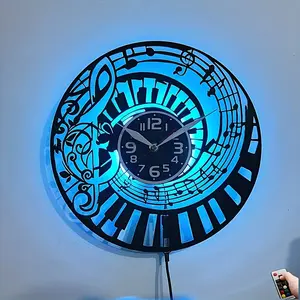 Piano Music Note LED Vinyl Wall Clock Musical Spiral Treble Clef Color Changing Backlight Silent Modern Music Studio Bedroom Home Wall Art Musician Themed Gift (Battery Not Included)