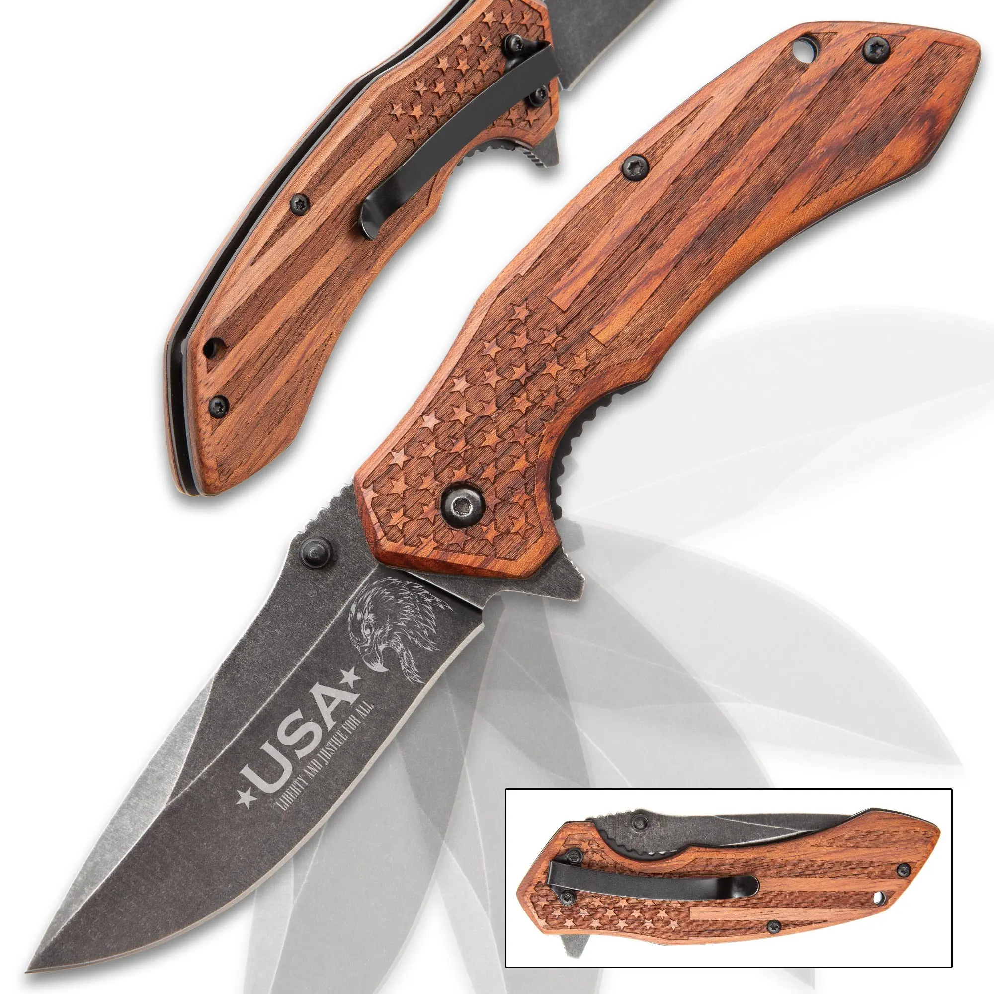 Compact American Flag Pocket Knife with Engraved Wood Handle, 3.25" Stonewashed Black Stainless Steel Blade, Assisted Opening Outdoor Gear with Pocket Clip, Portable Multipurpose Knives, Knives