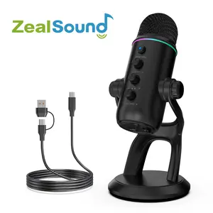 ZealSound USB Condenser Microphone, suitable for PC, Mac, gaming, recording, live streaming, podcasting, and computers. Features RGB lighting, a mute button, a headphone jack, and a desktop stand. Plug-and-play