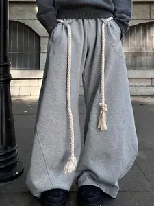 Unisex, Womenswear Fashion Loose Fit Wide Leg Casual Sport Pants, Rope Detail Curved Knife Hem, American Street Style, Fall Season Sweatpants, couple's matching outfits