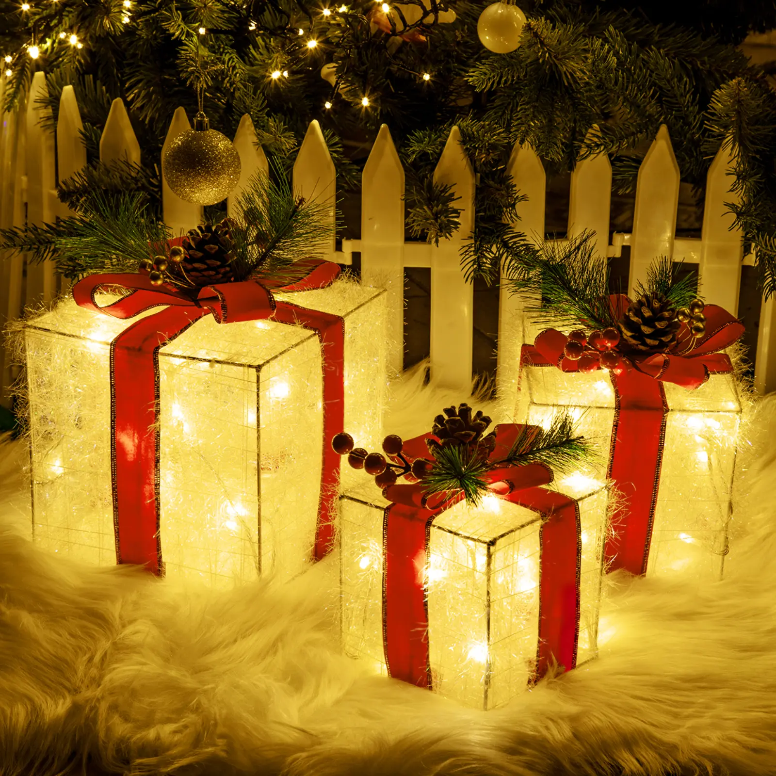 Christmas Lighted Gift Boxes Set of 3 Plug-in Light Up Present Boxes with 60 LEDs Christmas Decor with Pine Cones for Holiday Party Xmas Garland Ribbon Home Decoration Frame Metal Ornaments