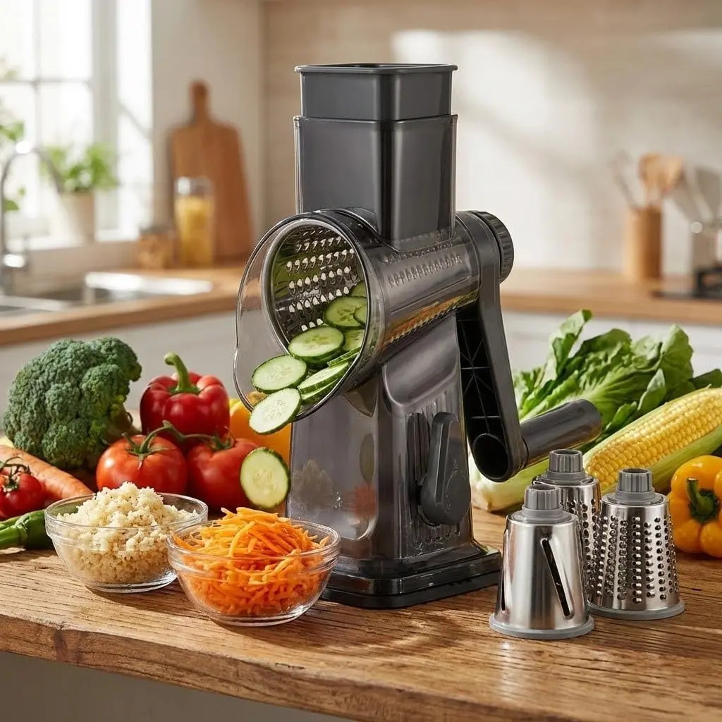 Rotary Cheese Grater Vegetable Slicer with 5 Blades Manual Hand Crank Shredder Cutter for Cheese Potato Carrot Cucumber Salad Kitchen Tool, Easy Use Vegetable Chopper for Home Cooking