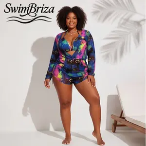 Briza｜Blue Print Mesh Cover Up Bikini Set Plus Size Swimsuit for Women Flattering Swim Shorts Two Piece Bathing Suit Tankini Top Vacation Swimwear, Women's Swimwear, Bathing Suit for Women, Rash Guard Swim Shirt, Cover Up Swimwear
