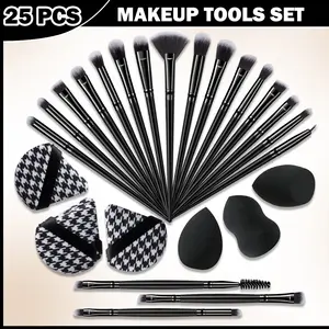 25pcs Face Makeup Tools Set, 19Pcs Makeup Brushes & 3 Large Makeup Sponge Puffs & 3 Fan Shape Puffs, Soft Skin-friendly, Beginner Portable Makeup Tools