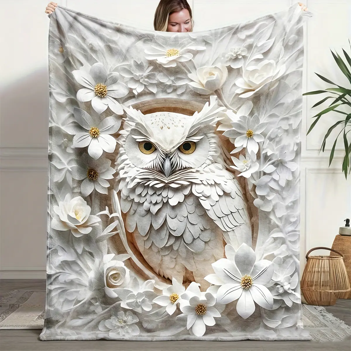 2D White Owl & Floral Classic Flannel Blanket - Wrinkle Resistant, Stain Resistant, Durable, Ultra-Soft Breathable Fleece, 80x60in (Big for Adults), Multi-Size Throw, Embossed Print, Machine Washable, Home Couch Lounging Accessory, All-Season Use, Infant