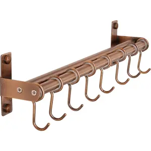 Pot Rack - Pots and Pans Hanging Rack Rail with 8 Hooks, Double Bars, Wall Mounted Pot Hangers for Kitchen, Antique Copper