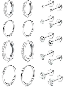 9 Pairs Earrings Set for Multiple Piercings, Hypoallergenic 14k Plated, Small Huggie Hoops & Cz Studs for Women, Hoop Shape Earrings