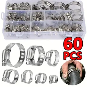 60pcs Large Quantity Adjustable Stainless Steel Screw Hose Clamps, Suitable for 0.8-3.8cm Pipes, Intercooler, Fuel Lines, Car Maintenance Tools