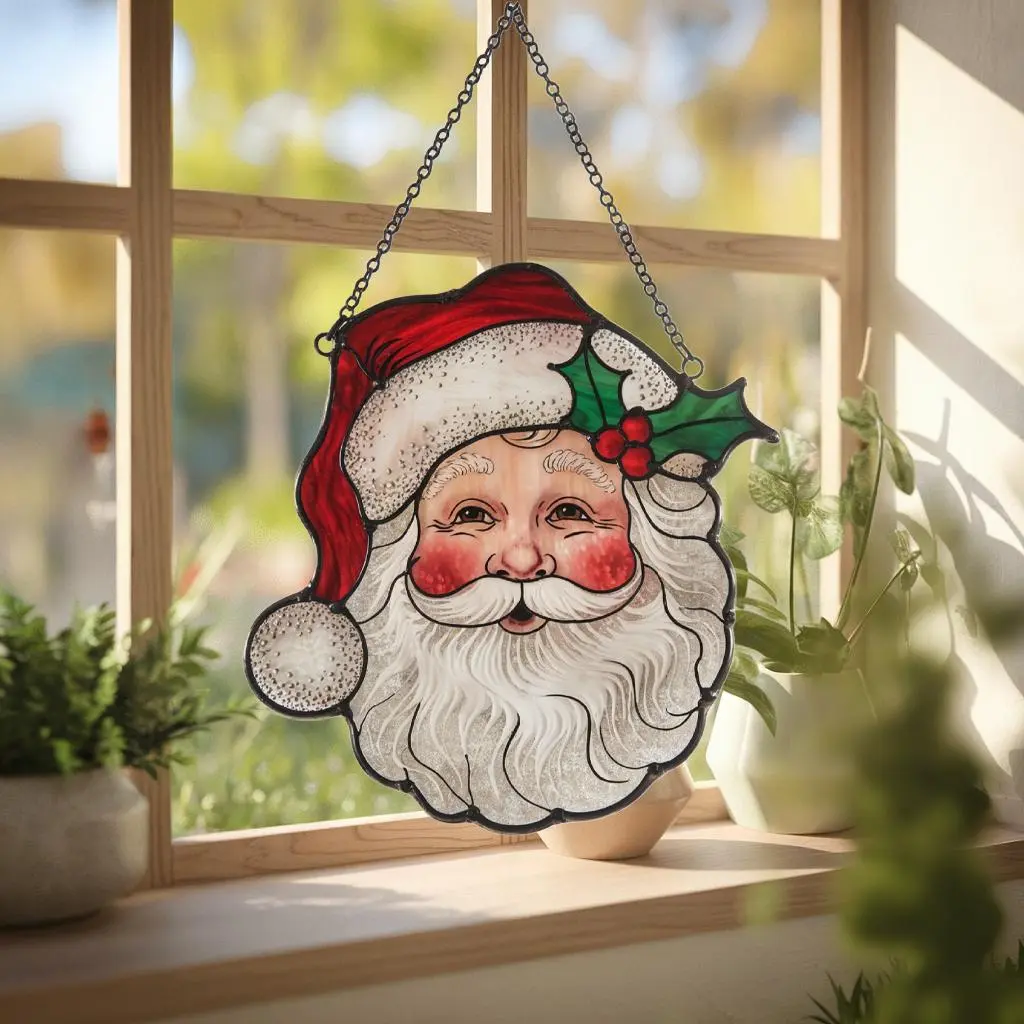 Santa Claus Face with Holly Leaves Acrylic Suncatcher Hanging Decor, Holiday Window Decor, Christmas Gifts Hanging Decor, Festive Ornament Hanging Decor, Christmas Acrylic Suncatcher