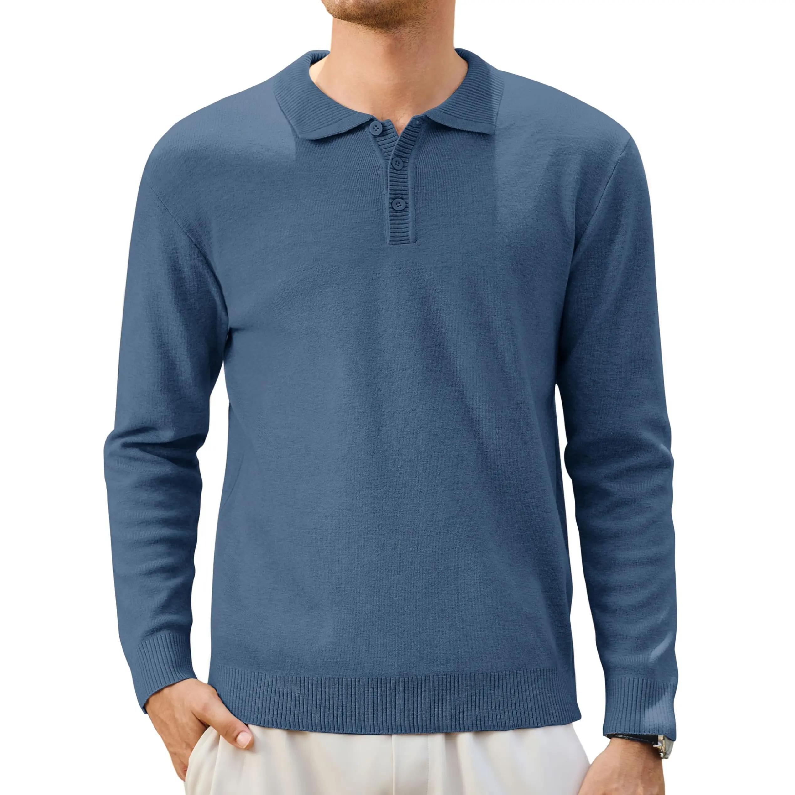 MAGCOMSEN Men's Fitted Knit Polo Shirt, Long Sleeve Plain Elegant Pullover Tops, Stretchy Soft Stylish Menswear Basic for Easy Matching with Pants or Denim, Elastic, Full Sleeves