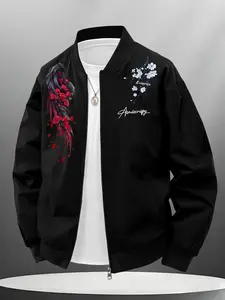 Men's Zipper Jacket Casual Drop Shoulder Wing Print Long Sleeve Outerwear, Fitted Geometric Pattern All Seasons Clothing