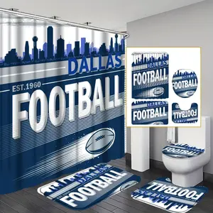 4pcs Dallas Football Shower Curtain Bathroom Sets Full Sets, American Helmet Stadium Sports Bathroom Sets with Shower Curtain and Rugs, Navy Blue Theme Shower Curtain with Bath Mat Set and 12 Hooks, Bathroom Home Decor and Accessories