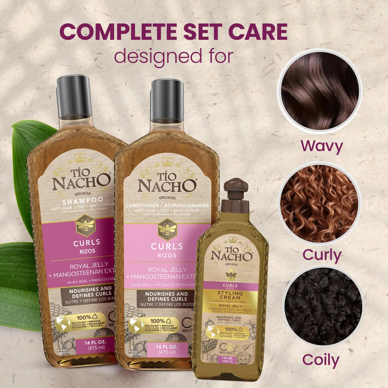 Tío Nacho Curls Shampoo, Conditioner & Styling Cream Set for Curly & Wavy Hair with Royal Jelly & Mangosteen, Moisturizing, Frizz Control & Defining Curly Hair Bundles, 3‑Piece Set