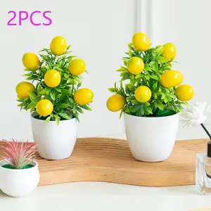 2 sets - Simulated mini lemon potted plants, plant pot set with plastic white flower pot. Suitable for use on desks, windowsills, bookshelves, and in kitchens for home decoration. Spring and summer fruit bonsai plants as DIY desktop decorative items.
