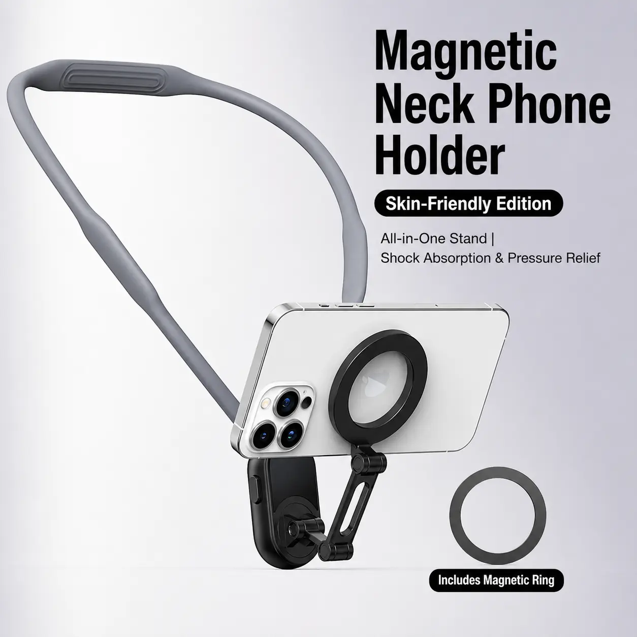 Magnetic Neck Phone Holder for iPhone 16/15/14/13/12 & Android, Hands-Free Flexible Neck Mount with Strong MagSafe Magnet, Adjustable Gooseneck Phone Stand for Filming, Vlogging, Cooking, Travel