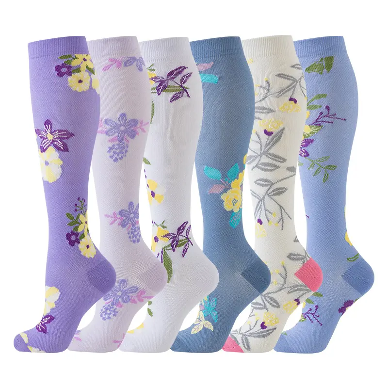 MhzyCaus Women's 6 Pairs Floral Pattern Colorful Compression Socks - Breathable Nylon, Stretchy Lightweight Everyday Essential for Outdoor Outfits, Weekend Outings