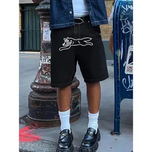 Men's Dog Print Denim Shorts, Loose Casual Retro Fly Dog Embroidery Straight Leg Shorts for Summer, Men's Bottoms for Daily Wear