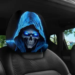 2-Pack Blue Skull Print Car Headrest Covers, Universal Fit Car Interior Decor for Cars, Trucks & SUVs